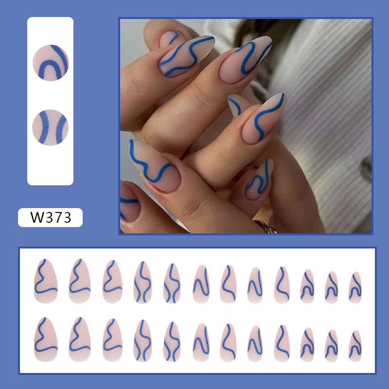 Matte Nude Nails with Blue Wavy Lines