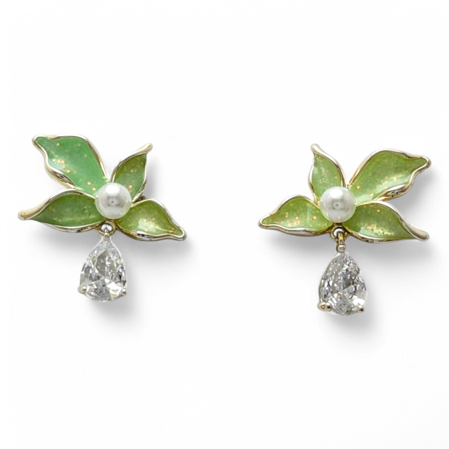 Green Pearl & Crystal Earrings