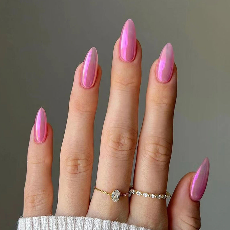 Glossy Pink Chrome Almond Nails