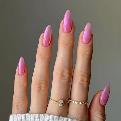 Glossy Pink Chrome Almond Nails