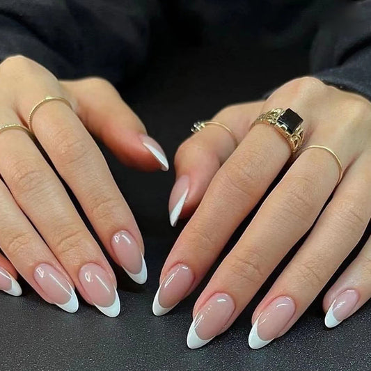 Glossy White French Tip Nails – Classic Almond Design