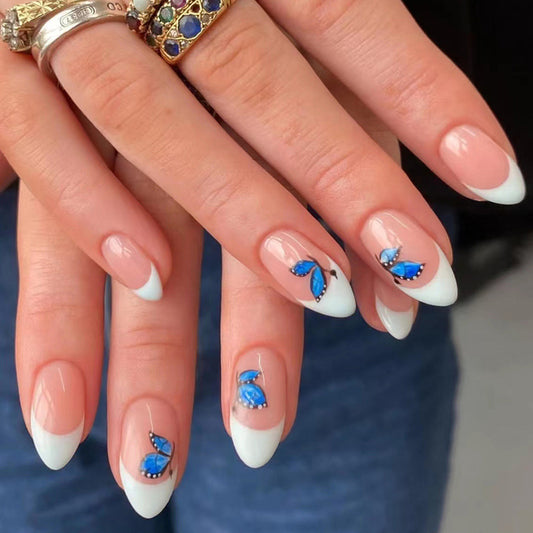 French Tip Nails with Blue Butterfly Art – Elegant Spring Style