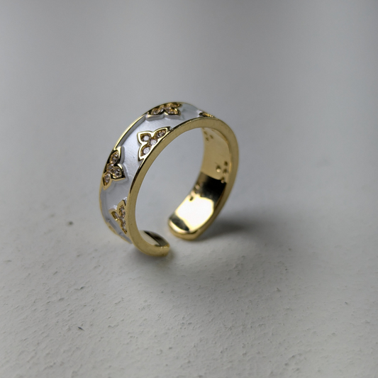 Gold Floral Motifs & White Enamel Finish Ring