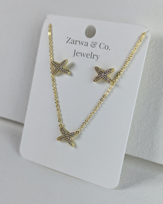 Elegant Gold-tone Starburst Necklace with Matching Earrings Set