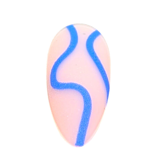 Matte Nude Nails with Blue Wavy Lines