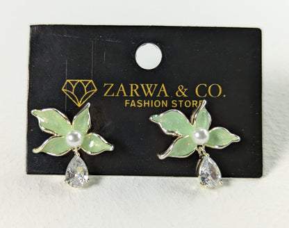 Green Blossom Pearl & Teardrop Crystal Earrings