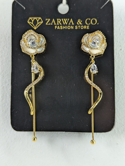 Gold Rose Drop Earrings with Crystals