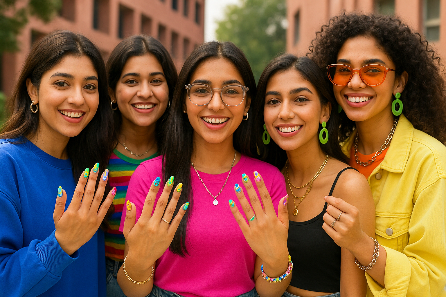 five pakistani university girls wearing jewlery and nails , funky style, different faces, two show nails other three jewlery