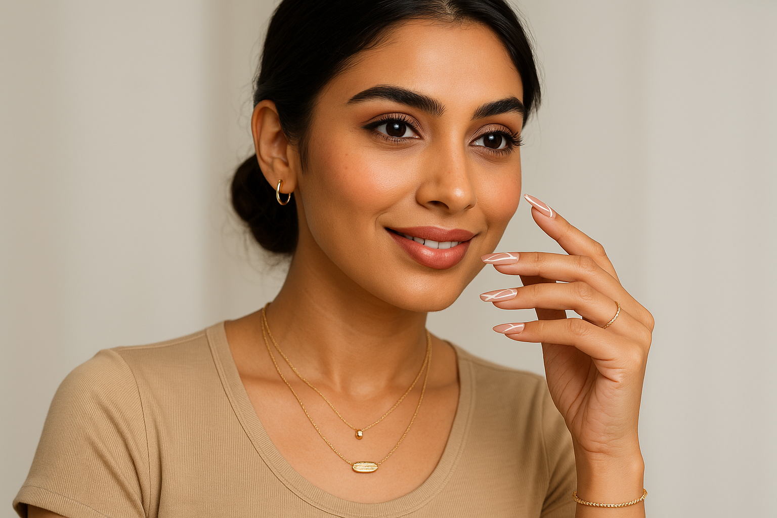 one pakistani model displaying casual jewlery and flase nails